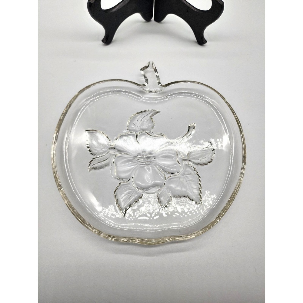 Vintage Apple Shaped Serving‎ Dish With Flower Detail Clear Glass